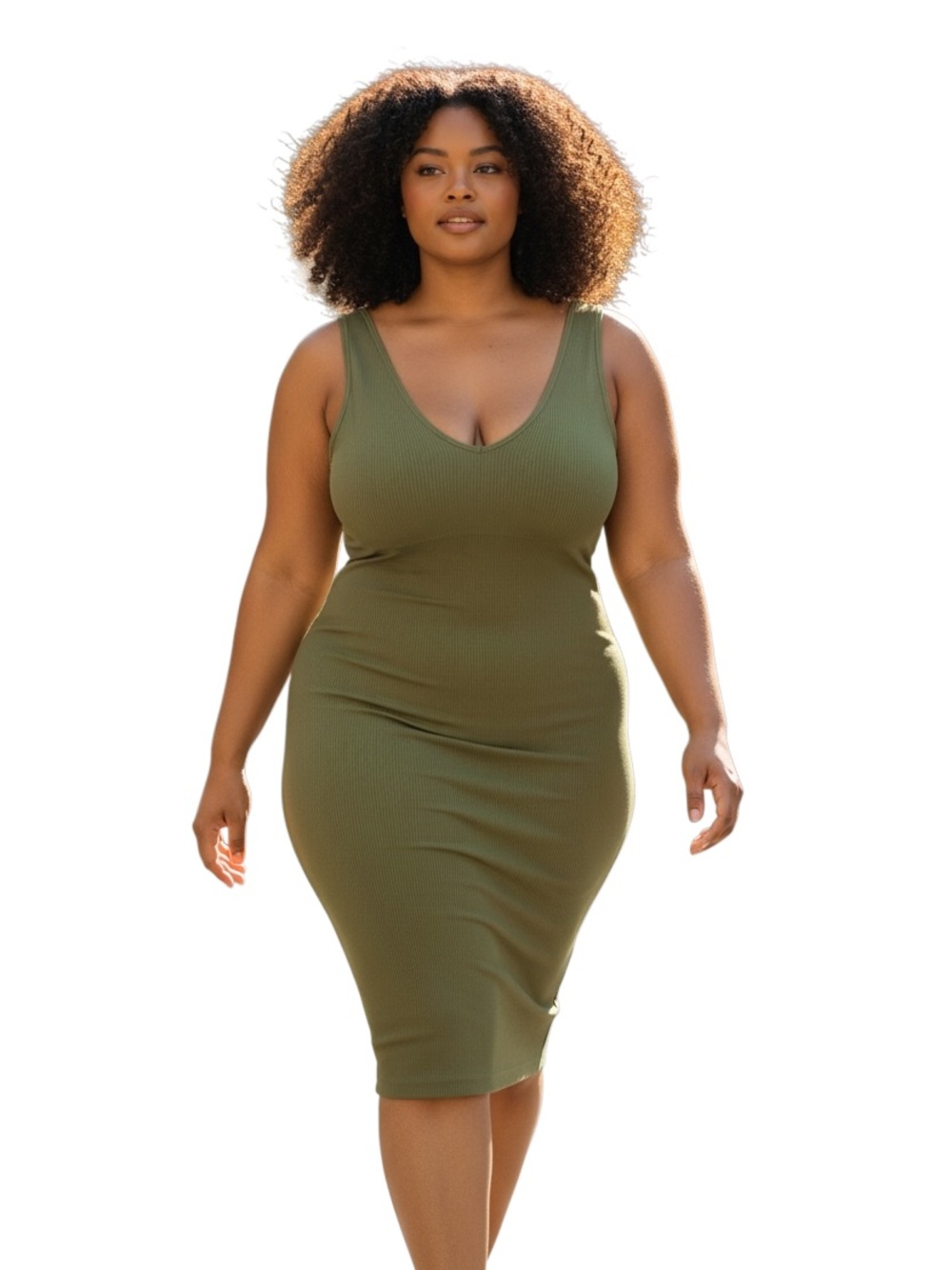 Popilush Ribbed V-Neck Knit Dress in Olive